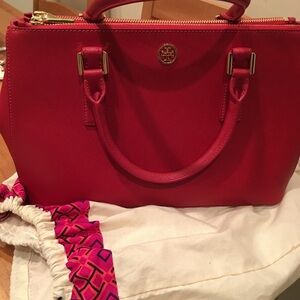 Tory Burch Bright Red Saffiano Leather Satchel with Gold Hardware
